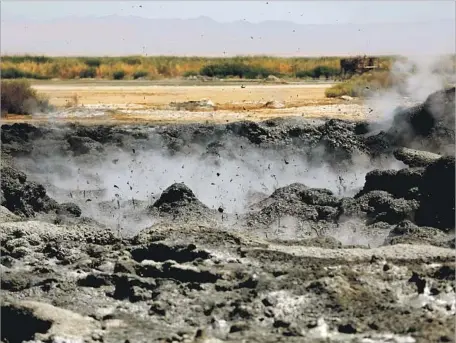  ?? Gary Coronado Los Angeles Times ?? GEOTHERMAL vents known as mud pots bubble at the Sonny Bono Salton Sea National Wildlife Refuge Complex in Calipatria, Calif. A recent swarm of earthquake­s under the Salton Sea has raised the risk of a larger earthquake on the nearby San Andreas fault.