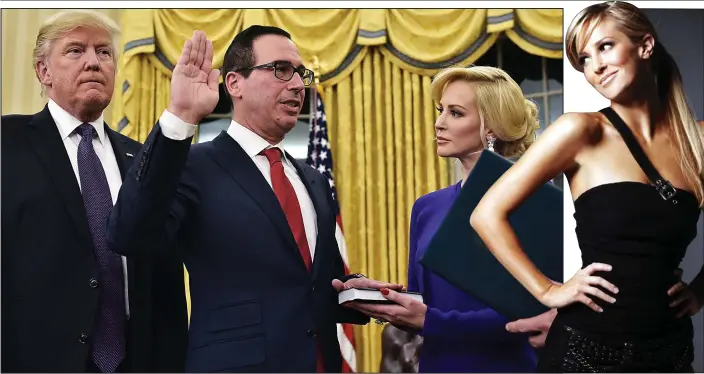  ??  ?? Solemn ceremony: Louise Linton holds the Bible for her fiancé Steven Mnuchin to take the oath as President Trump looks on. Miss Linton has had a few roles as an actress, right