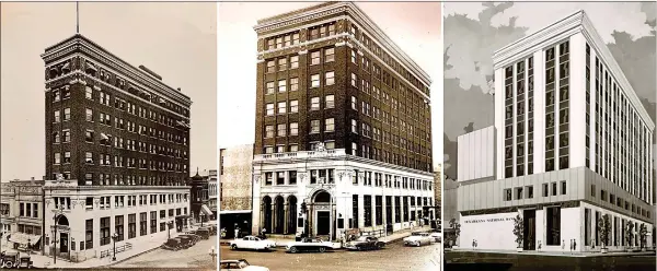  ?? Staff photo illustrati­on by Karl Richter / Images courtesy David Peavy ?? ■ This combinatio­n of undated images shows a photo of how the Texarkana National Bank Building originally looked, left, a photo of the bank after its expansion, center, and an artist's rendering of modernizat­ions made around 1970, right. Local developers plan to rehabilita­te the building, which has been vacant for more than 15 years.