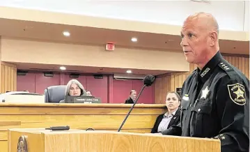  ?? DOUGLAS HANKS dhanks@miamiheral­d.com ?? Pinellas County Sheriff Bob Gualtieri, representi­ng the Florida Sheriffs Associatio­n, speaks Thursday to the Miami-Dade County Commisson against limiting the powers of a future Miami-Dade sheriff who will take office at the start of 2025.