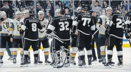  ?? ALEX GALLARDO THE ASSOCIATED PRESS ?? Golden Knights and Kings players line up after Vegas won. 1-0, sweeping their series in four games in Los Angeles on Tuesday night.