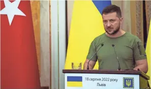 ?? EVGENIY MALOLETKA/AP ?? Ukrainian President Volodymyr Zelenskyy at a news conference in August.