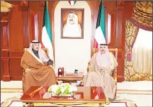  ??  ?? From left: HH the Crown Prince receives the Defense Minister, FM Sheikh Sabah Al-Khaled and the Interior Minister.