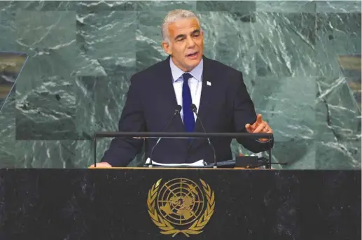  ?? (Mike Segar/Reuters) ?? PRIME MINISTER Yair Lapid addresses the UN General Assembly last week.