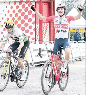  ?? (Pic: Supersport.com) ?? Treks Cycling team’s Giulio Ciccone after crossing the finish line during stage two of the Tour of Catalunya yesterday.