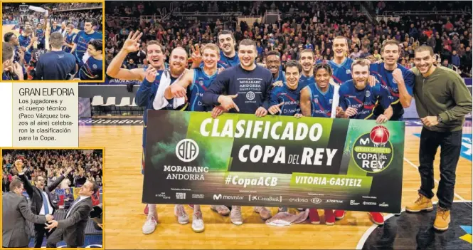 ??  ?? GRAN EUFORIA Los jugadores y el cuerpo técnico (Paco Vázquez brazos al aire) celebraron la clasificac­ión para la Copa.