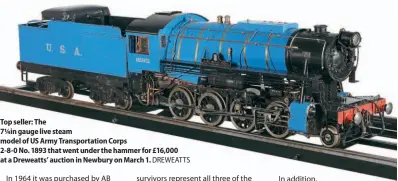  ?? DREWEATTS ?? Top seller: The
7¼in gauge live steam model of US Army Transporta­tion Corps
2-8-0 No. 1893 that went under the hammer for £16,000 at a Dreweatts’ auction in Newbury on March 1.