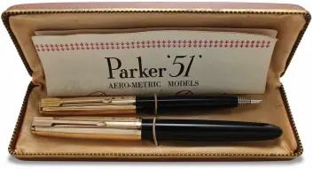  ??  ?? October 2021
LEFT Parker 51 double set in black with rolled gold caps. Mint and boxed. Medium nib, £245, Vintage Fountain Pens ( vintagefou­ntainpens.co.uk).