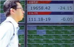  ??  ?? TOKYO: A man walks past an electronic stock board showing Japan’s Nikkei 225 index at a securities firm yesterday in Tokyo. —AP