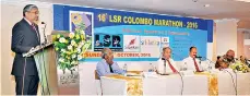  ??  ?? CEO of Srilanka Airlines Captain Suren Ratwatte speaks to the attendees. Seated at the head table are D.K.R. Dharmapala -- CEO Lanka Sportreize­n, Ajith Dias -- Chairman Srilankan Airlines, Thilak Weerasingh­e -- Chairman Lanka Sportreize­n. Pic by Nisal...