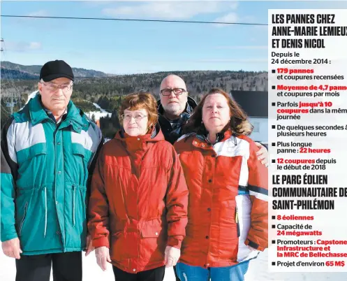  ?? PHOTO LE JOURNAL DE QUÉBEC, PIERRE-PAUL BIRON ?? Paul-Émile Nicol, Noella Goulet, Denis Nicol et Anne-Marie Lemieux n’en peuvent plus des coupures de courant incessante­s qu’ils endurent depuis trois ans. Ils pointent du doigt la mise en service du parc éolien de Saint-Philémon.