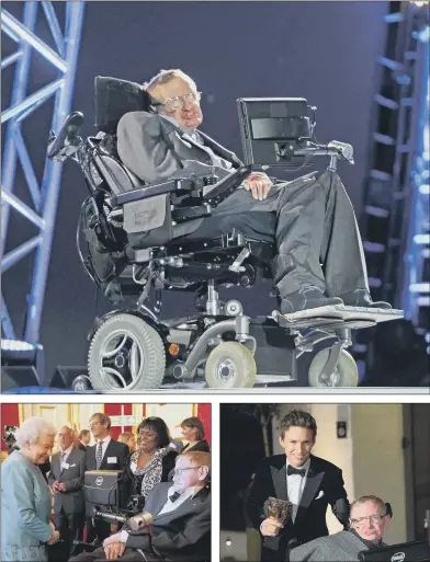  ?? PICTURES: PA WIRE. ?? INSPIRATIO­N: Top, Professor Stephen Hawking at the opening ceremony for the Paralympic Games in London in 2012; left, meeting the Queen at St James’s Palace in 2014; right, with Eddie Redmayne, who portrayed him on the big screen, at the Baftas...