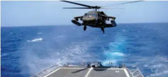  ??  ?? Un UH-60 de L'US Army s'apprête à apponter sur une frégate, en 2013. Des exercices requérant l'embarqueme­nt D'AH-64 américains ont également été conduits, en vue de renforcer l'intégratio­n des forces. (© US Navy)