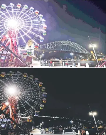 ??  ?? A combinatio­n image shows the Sydney Harbour Bridge, the Opera House and the ferris wheel before (top picture) and after (bottom picture) their lights went out, as seen from Sydney’s Luna Park for the Earth Hour environmen­tal campaign. — AFP photo