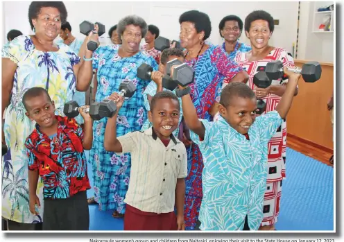  ?? ?? Nakorosule women’s group and children from Naitasiri enjoying their visit to the State House on January 12, 2023.