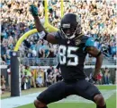  ?? AP PHOTO ?? TIME TO DANCE: Jaguars wideout Jaydon Mickens celebrates a touchdown yesterday.