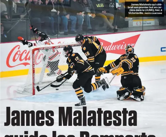  ?? PHOTO COURTOISIE ?? James Malatesta qui célébrait son premier but en carrière dans la LHJMQ, hier, à Victoriavi­lle.