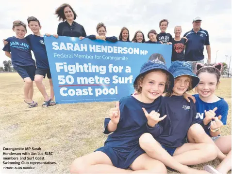  ?? Picture: ALAN BARBER ?? Corangamit­e MP Sarah Henderson with Jan Juc SLSC members and Surf Coast Swimming Club representa­tives.