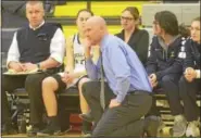  ?? DAVID M. JOHNSON - DJOHNSON@DIGITALFIR­STMEDIA.COM ?? Averill Park coach Sean Organ coaches in a win over Ballston Spa Wednesday in Averill Park. Organ, who recently reached the 200win milestone with the Warriors, has his team focused on defense once again.