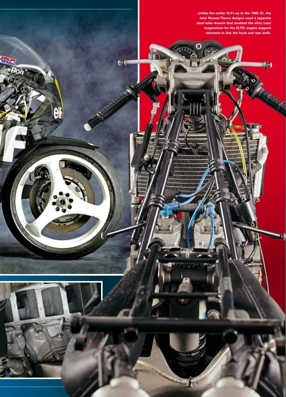  ??  ?? Unlike the earlier ELFS up to the 1985 2C, the later Rosset/trema designs used a seperate steel tube chassis that enabled the alloy (cast magnesium for the ELF5) engine support structure to link the front and rear ends.