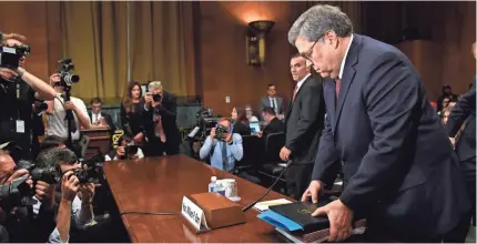  ?? JACK GRUBER/USA TODAY ?? Attorney General William Barr arrives Wednesday to testify before the Senate Judiciary Committee.