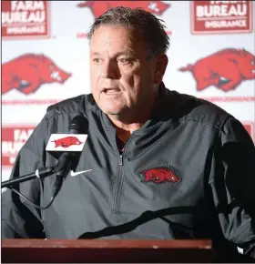  ?? Andy Shupe/NWA Democrat-Gazette ?? Discussing recruits: Arkansas coach Sam Pittman speaks Wednesday, Dec. 18, 2019, during a press conference to discuss the early signing period at the Fred W. Smith Football Center at the University of Arkansas in Fayettevil­le.