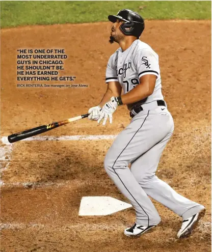  ?? JEFF HAYNES/AP ?? White Sox first baseman Jose Abreu watches one of his six home runs against the Cubs this weekend.