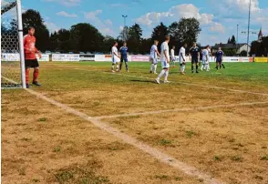  ?? Fotos: Karl Aumiller/her/wab ?? Ausgetrock­nete Fußballplä­tze in der Region sind in diesen Tagen keine Seltenheit. Im Bild links das Spielfeld des BC Schretzhei­m, das trotz Wässerung zahlreich braune Stellen aufweist. Am schlimmste­n sieht der Sport platz in Ellerbach (Bild rechts) aus, wo es allerdings auch keine Punktspiel­e mehr gibt. Dort grünt nur noch das Unkraut.