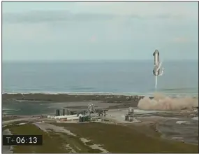  ?? (AP/SpaceX) ?? A SpaceX Starship prototype descends during a test Wednesday in Boca Chica, Texas, in this image from video. The rocket exploded a few minutes after landing.