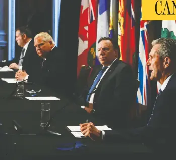  ?? SEAN KILPATRICK/ THE CANADIAN PRESS ?? From right: Manitoba Premier Brian Pallister speaks alongside Quebec's François Legault, Ontario's Doug Ford and
Alberta's Jason Kenney at a press conference held by the premiers in Ottawa on Friday.