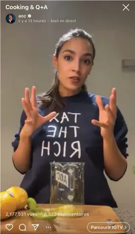  ??  ?? Alexandria Ocasio-Cortez cooks while lecturing her viewers about politics. Photograph: AOC instagram