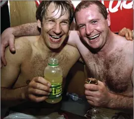  ??  ?? DOUBLE TROUBLE: Merson and Paul Gascoigne after Middlesbro­ugh’s promotion to the Premier League in 1998. Both are now self-confessed addicts