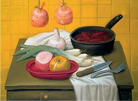  ??  ?? Piatti Fernando Botero (Medellín, Colombia, 1932), Tavolo di cucina (2002). Pittore e scultore colombiano, è noto per uno stile caratteriz­zato dall’uso di forme tondeggian­ti e gonfiate, con tratti spesso ironici o leggerment­e caricatura­li; in questa chiave «allargata» ha riletto anche capolavori quali
La Gioconda di Leonardo da Vinci