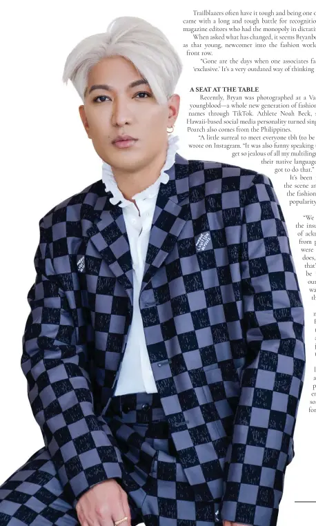  ?? ?? This page:
Damier print jacket and trousers, LOUIS VUITTON; Ruffled blouson, CELINE
Opposite:
Greco silk print blouson, VERSACE; embroidere­d shirt, Fendace collection from VERSACE and FENDI