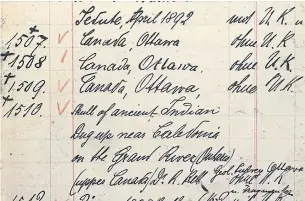  ??  ?? A human remains ledger book shows four skulls connecting back to Dr. Robert Bell. Dr. William Osler procured skulls from Bell so he could gift them during an 1884 trip to Berlin.