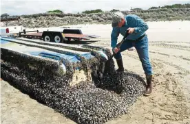  ??  ?? John Chapman inspecting a Japanese vessel which washed ashore on Long Beach, Washington state.