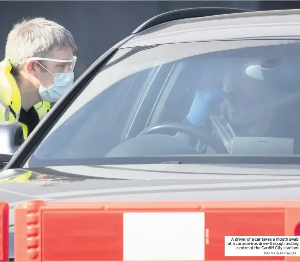  ?? MATTHEW HORWOOD ?? A driver of a car takes a mouth swab at a coronaviru­s drive-through testing centre at the Cardiff City stadium