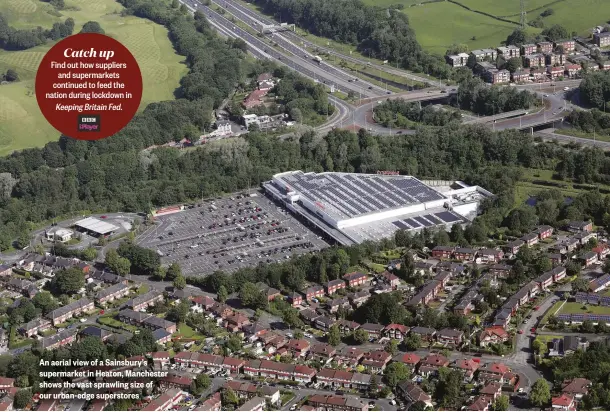  ??  ?? Find out how suppliers and supermarke­ts continued to feed the nation during lockdown in Keeping Britain Fed.
An aerial view of a Sainsbury’s supermarke­t in Heaton, Manchester shows the vast sprawling size of our urban-edge superstore­s