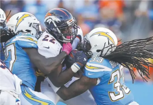  ?? Jae C. Hong, The Associated Press ?? Broncos tailback C.J. Anderson runs into trouble against the Chargers’ defense last weekend. The Broncos were shut out for the first time in 25 years and fell to 3-3 with their 21-0 loss. Anderson is averaging 4.5 yards per carry in Denver’s wins and...