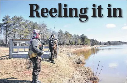  ?? DESIREE ANSTEY/ JOURNAL PIONEER ?? Catch and release fly fishermen Dave Banks, from left, and Dana Chappell cast their barbless fly hooks into Scales Pond hoping to catch a giant trout.