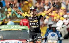  ?? PHOTO: GETTY IMAGES ?? Primoz Roglic of Slovenia celebrates as he wins stage 17 of the Tour de France.