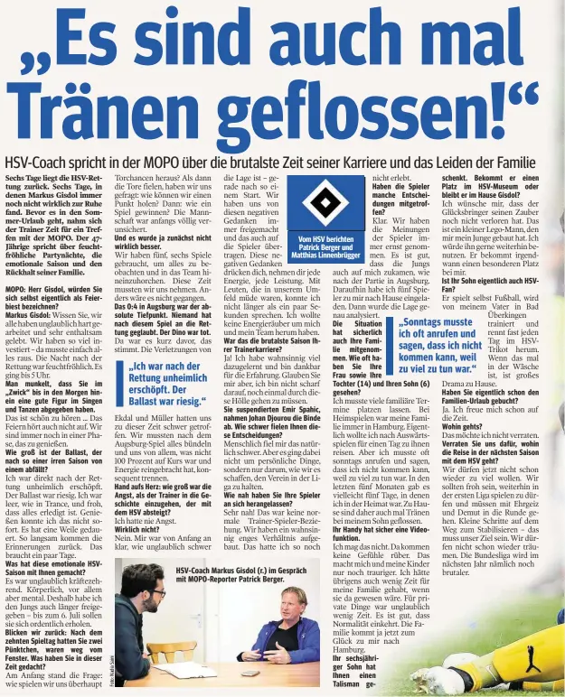  ??  ?? HSV-Coach Markus Gisdol (r.) im Gespräch mit MOPO-Reporter Patrick Berger.
