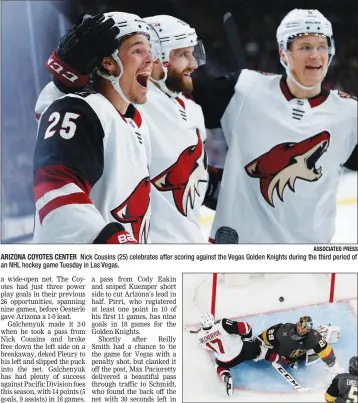  ?? ASSOCIATED PRESS ?? Nick Cousins (25) celebrates after scoring against the Vegas Golden Knights during the third period of an NHL hockey game Tuesday in Las Vegas.