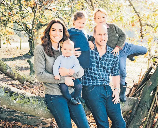  ??  ?? The Duke and Duchess of Cambridge’s Christmas card, left, is a down-to-earth picture of normal family life, while the Sussexes chose a more glamorous, ‘Instagram-friendly’ image, below left