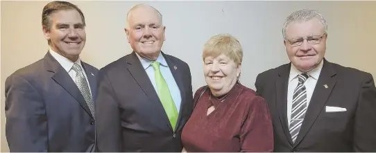  ?? STAFF PHOTO BY NICOLAUS CZARNECKI ?? HELPING HANDS: From left, Robert Lynch, former Boston Mayor Raymond L. Flynn, Sheila Gleeson and BJ Quinn attend the 30th anniversar­y of the Irish Pastoral Center at Florian Hall in Boston yesterday. The center has helped many immigrants settle into...