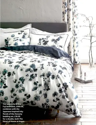  ??  ?? The simplicity of the
Fuji bedframe, £449.99, combines with the Japanese-inspired inky florals of the Honesty bedding set, £36.99 for a double, both The Heart of House at Argos