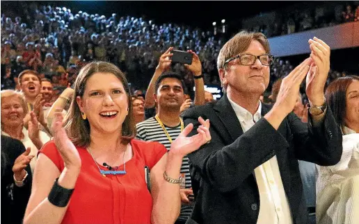  ?? AP ?? Liberal Democrat leader Jo Swinson with European Parliament’s Brexit co-ordinator Guy Verhofstad­t during the Liberal Democrats autumn conference at the Bournemout­h Internatio­nal Centre.