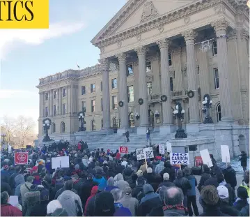  ??  ?? A crowd protesting the NDP government’s carbon tax gathers in front of the Alberta legislatur­e in December. The style and tone of the rally led observers to flag it as evidence of the Trump effect in Canada.