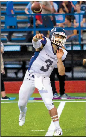  ?? Special to the Democrat-Gazette/MARK STALLINGS ?? Peyton Holt, a senior who played wide receiver last season, has completed 210 of 303 passes for 2,752 yards with 21 touchdowns and 1 intercepti­on this season to lead Greenwood to the Class 6A state title game against Benton.