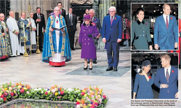  ??  ?? The Queen and President Steinmeier at the tomb of the unknown warrior in Westminste­r Abbey. Inset, from top, William and Kate and Harry and Meghan